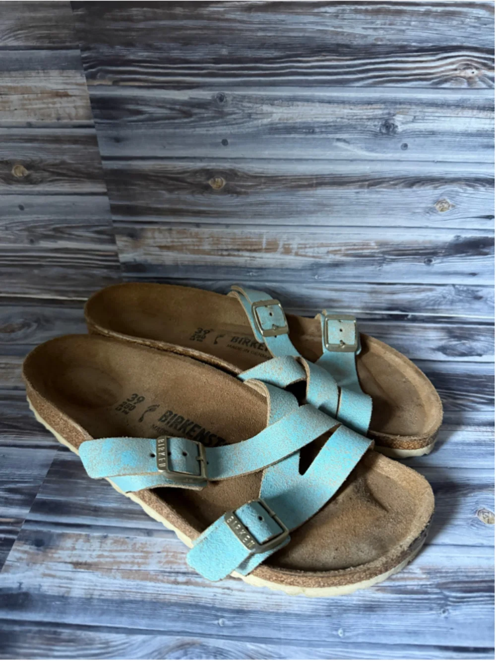 BIRKENSTOCK Yao Suede Leather Washed Metallic Aqua Sandals Sz 9